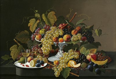 Natura morta di frutta e vino su un tavolo da Severin Roesen
